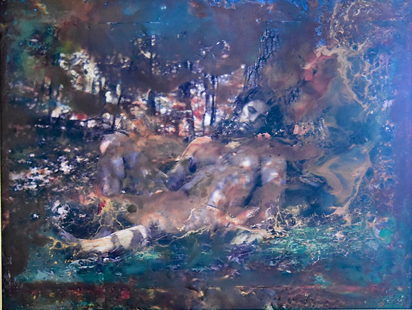 The beginning  mixed media silver gelatin print and encaustic on board.