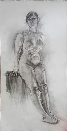 life size drawing from model 3 ft by 8 ft. charcoal and turpenoid